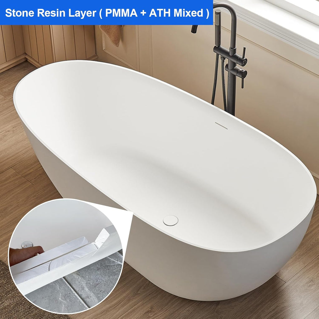 71" Solid Surface Bathtub, Stone Resin Freestanding Soak Tub for Bathroom, Non-Porous & Warm to Touch Surface, Matte