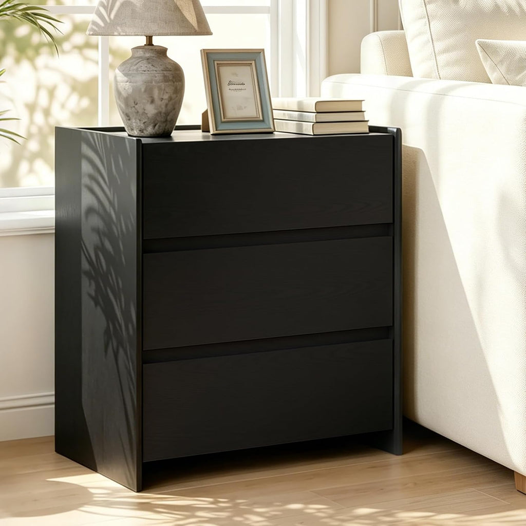 Black Night Stand with 3 Drawer, Modern Wood Nightstand with Spacious Storage, Smooth Glide Drawers Sturdy Bedside