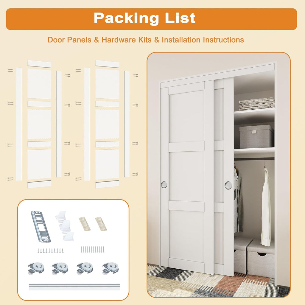 Closet Sliding Door, 60"×80"(Double Doors 31"), 3 Panel Sliding Door with Hardware Kit, Pre-Drilled 