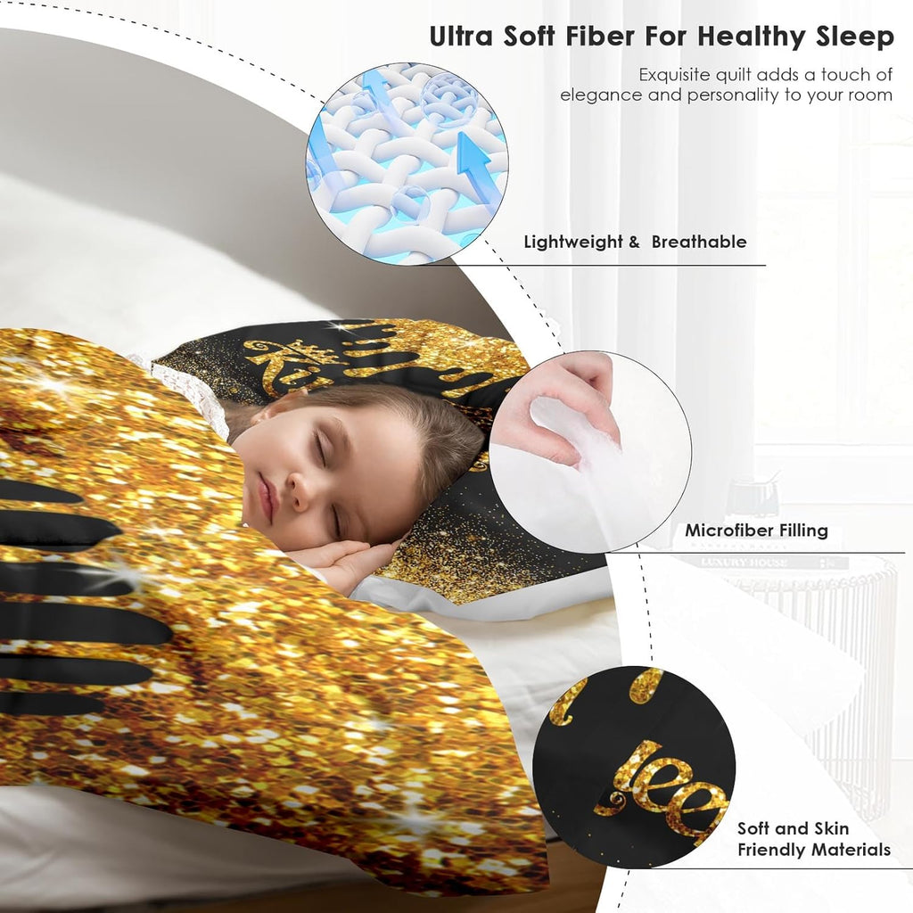 Comforter Set Queen, King Queen Black Gold 3 Pcs Soft Bedding for Kids and Adults