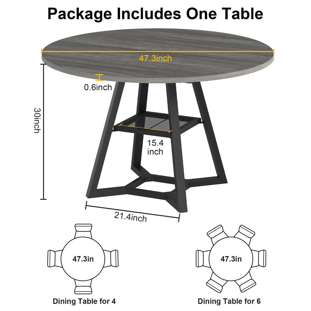 47" Round Dining Table for 4, Kitchen Tables Dining Room Circle Dinner Table with Pedestal Metal Frame, Space Saving