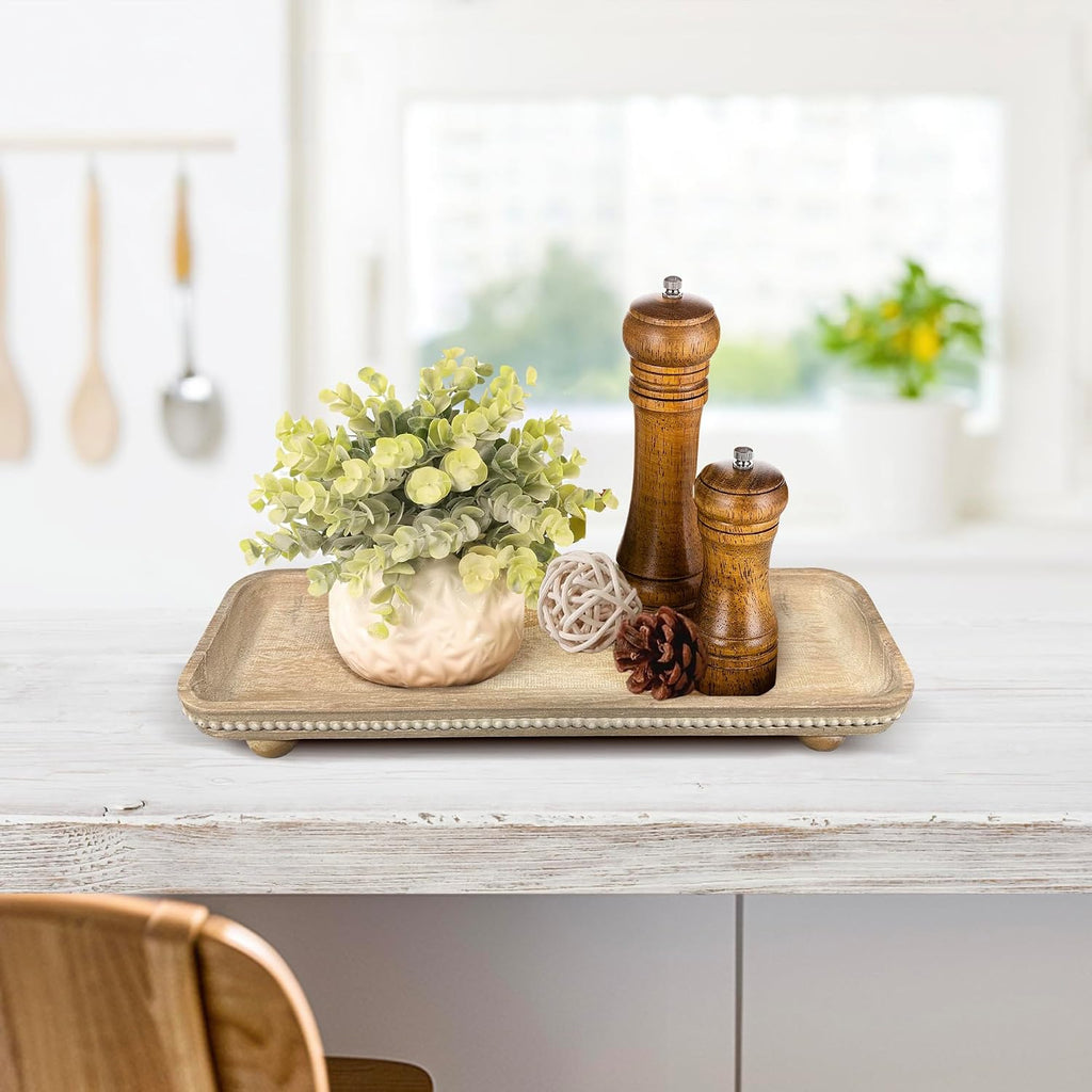 Oval Wooden Decorative Tray, Farmhouse Style, Beaded Serving Tray , Coffee Table (White Wash)