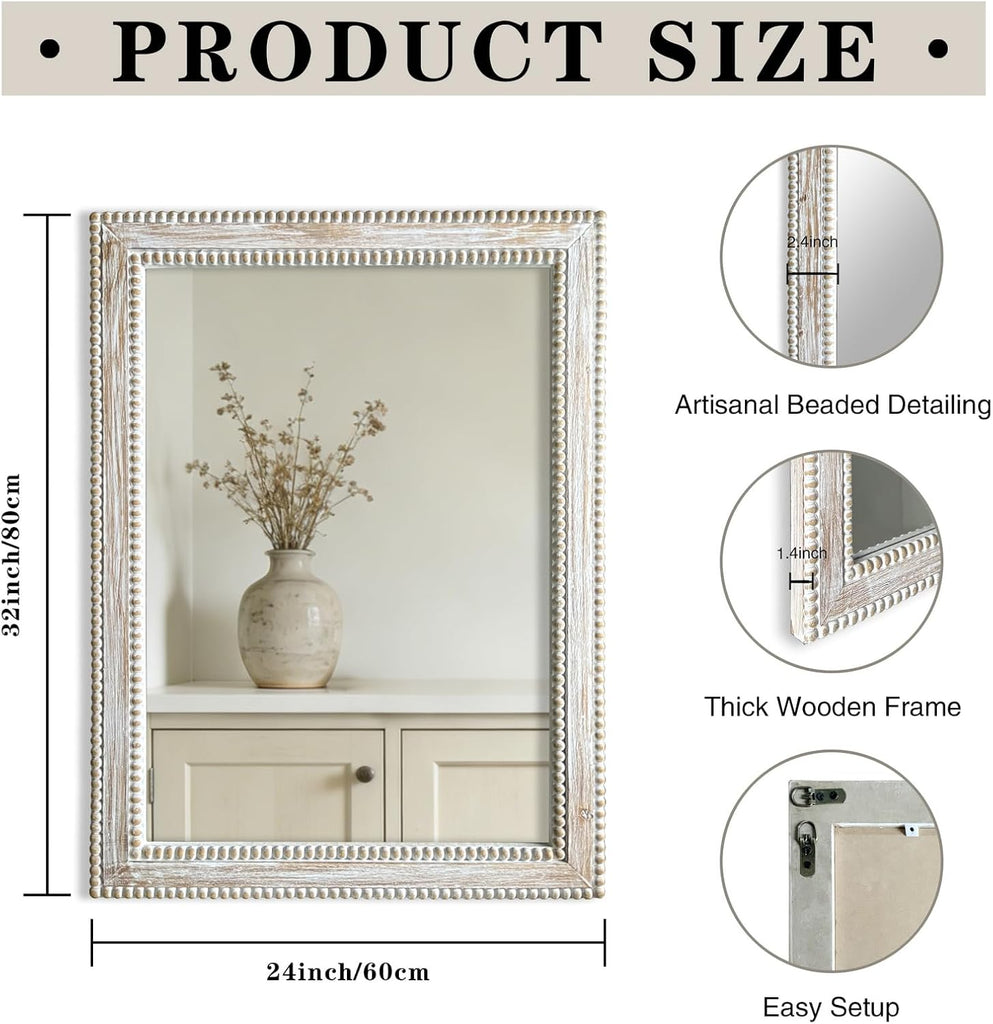 24x32 Inch Rectangular Wood Wall Mirror Rustic Farmhouse Decorative Mirrors with Wooden Frame Bedroom Bathroom
