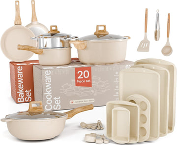 20 Piece Cookware Set - Pots and Pans with Handle Grips and Tempered Glass Lids, With 6-piece Bakeware