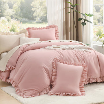 Comforter Sets, 3 Pieces Blush Pink Ruffle Girls Women Cute Bedding Comforters & Sets, Lightweight Fluffy