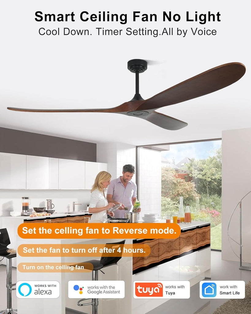 72" Smart Ceiling Fan without Lights, Wood Large Ceiling Fan with Remote Alexa Google App