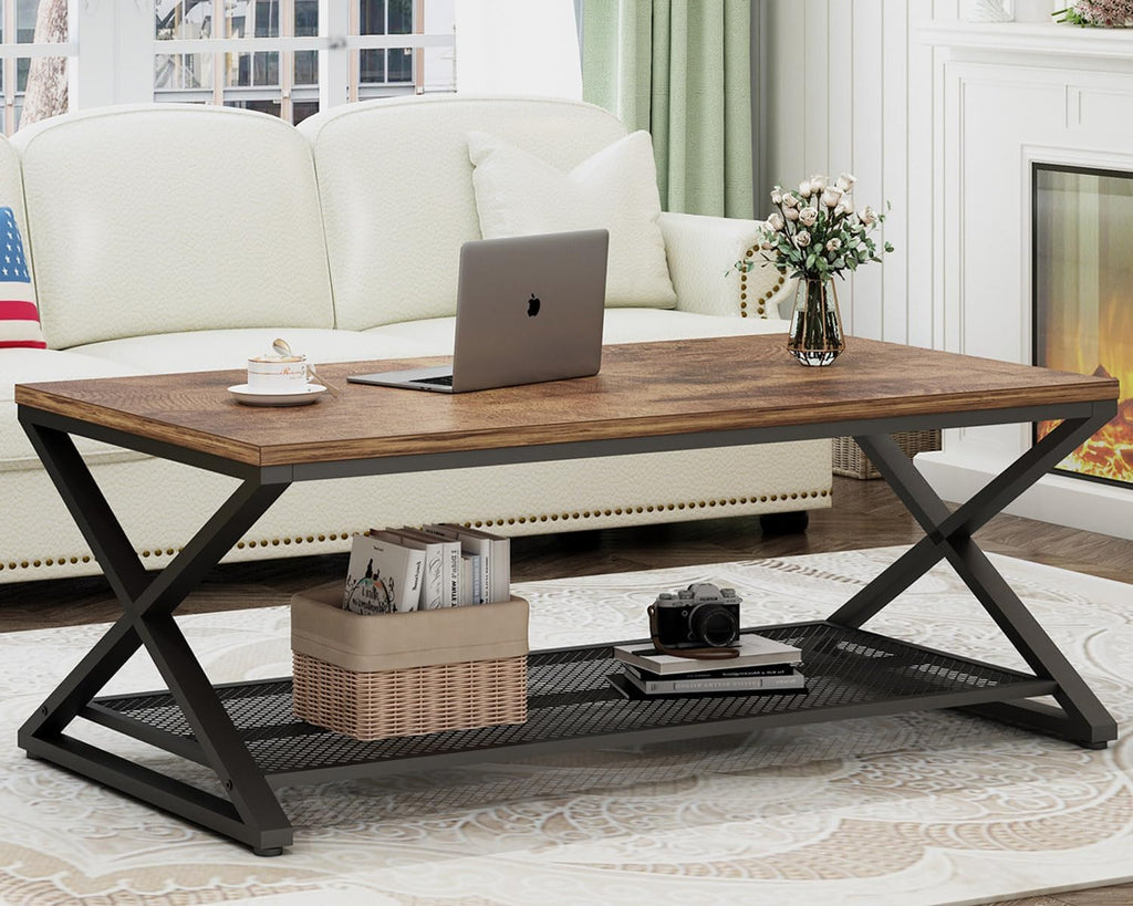 Rustic Coffee Table with Storage, Industrial Wood Metal 2 Tier Center Living Room Table with Mesh Shelf