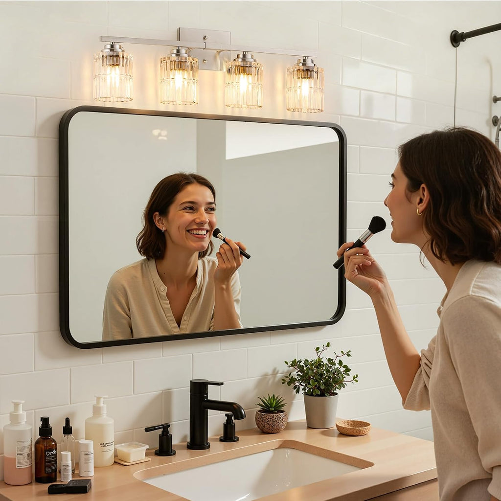 Nickel 4Light Bathroom Vanity Light with Fluted Cylinder Glass Shade | Modern Vanity Lighting Fixtures, Bathroom