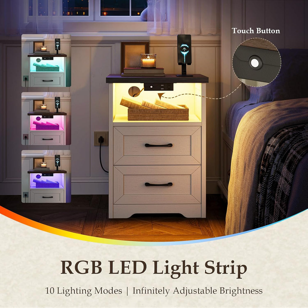 Farmhouse Nightstand Set of 2, Bedside Tables with Charging Station & LED Lights, End Tables with Two Drawers and