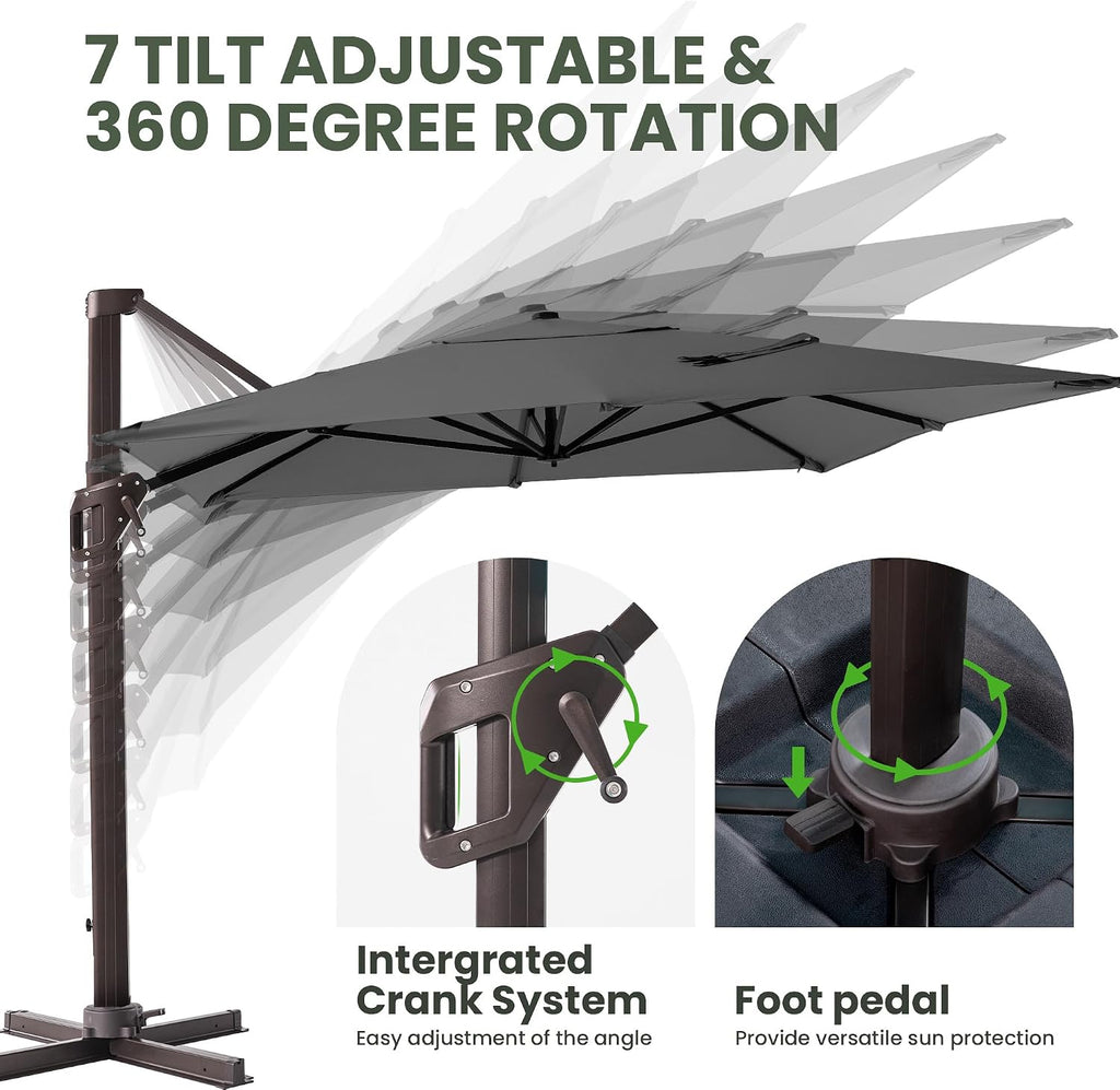 9' X 12' Cantilever Patio Umbrella Rectangular Outdoor Large Offset Umbrellas with 7 Tilts Adjustable 360°Rotation Pool