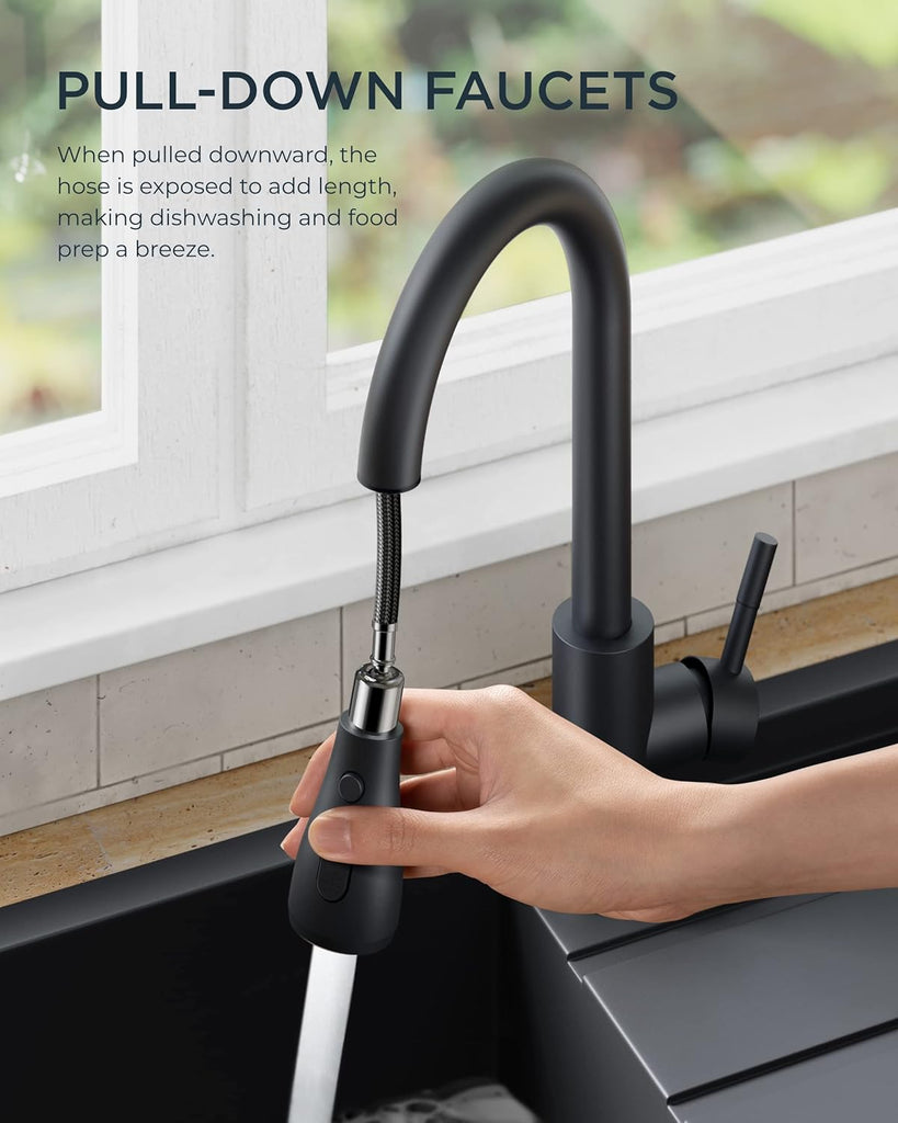 Black Kitchen Faucet with Pull Down Sprayer, High Arc Single Handle Classic Stainless Steel Sink Faucet 1 or 3 Hole