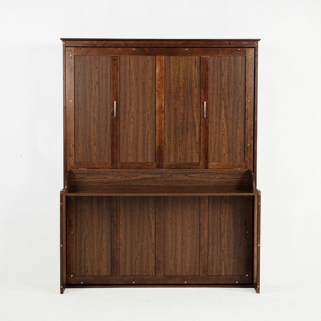 Queen Wood Murphy Bed, Space-Saving Hidden Wall Bed with Desk and Gas Struts, No Box Spring Needed, Walnut