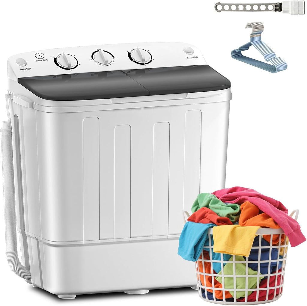 Portable Twin Tub 18.8lbs Washing Machine with Drying Rack and 10 Hangers, 11.8lbs Washer Mini Compact Laundry Machine