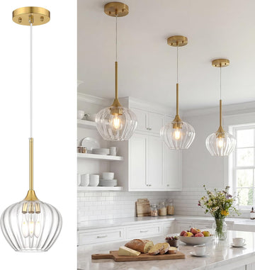 Glass Pendant Lights for Kitchen Island, 7.7" Modern Gold Pendant Light Fixtures Small Adjustable Hanging Light for Kitchen, Dining Room, Sink, Bathroom
