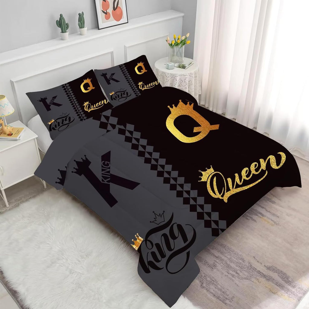 King Queen Crown Comforter Set Black Grey Bedding Set for Teens Women Men Adults Couple Quilt Bedroom Decor