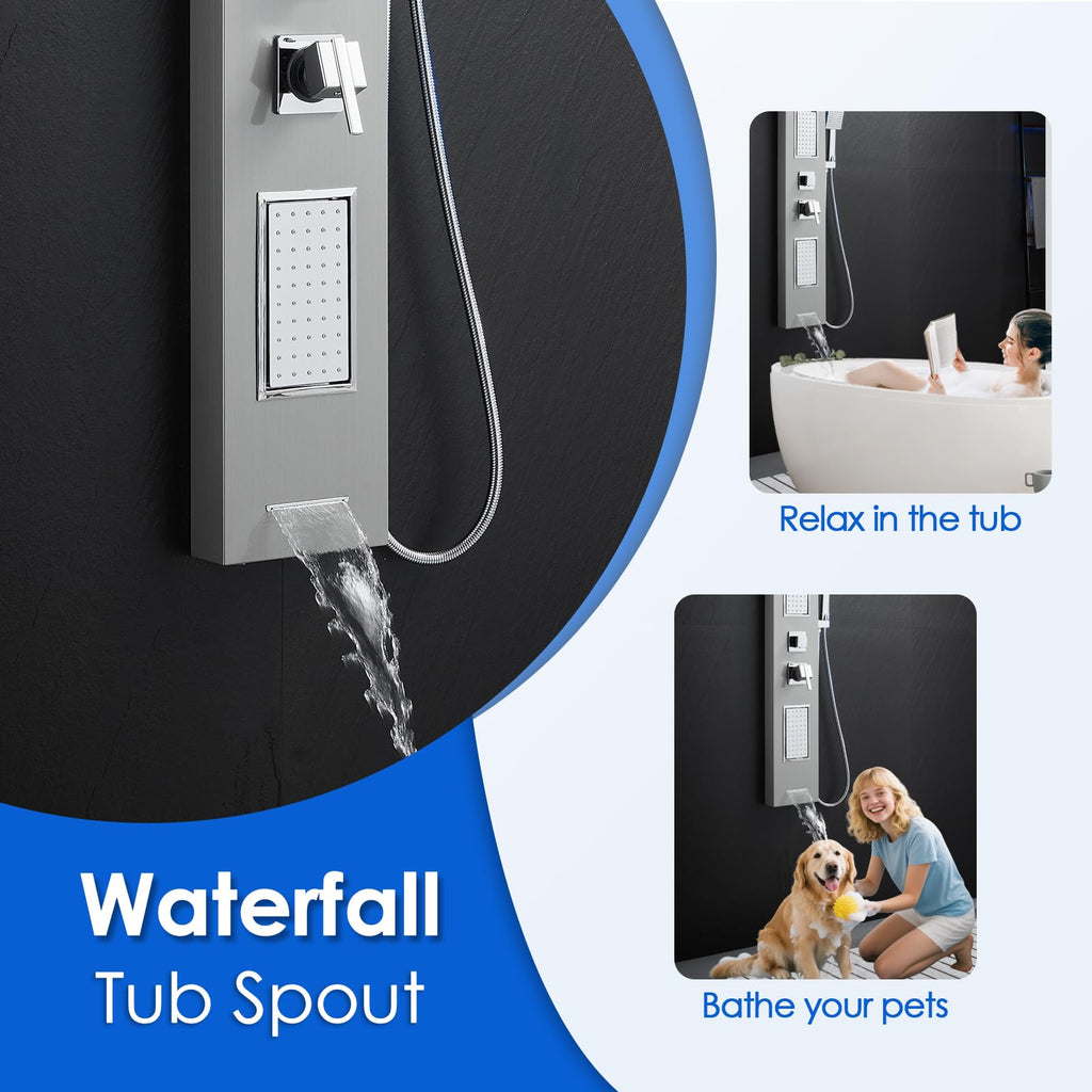 LED Shower Panel Tower System With Lights, 5 Shower Modes, Brushed