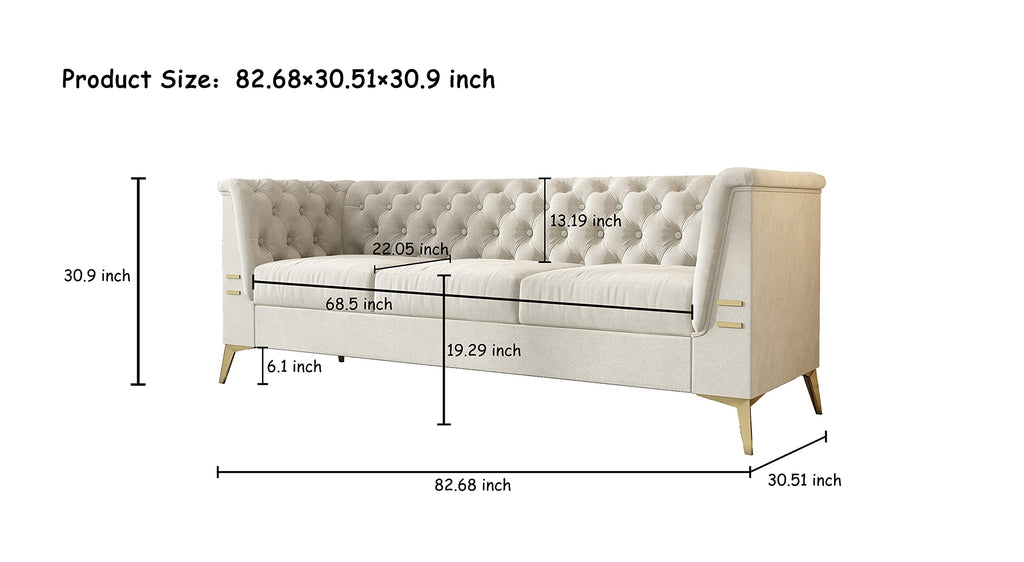 Chesterfield Sofa, 82" Velvet Upholstered 3-Seater, Mid-Century Modern Couch with Flared Arms, Removable Cushions