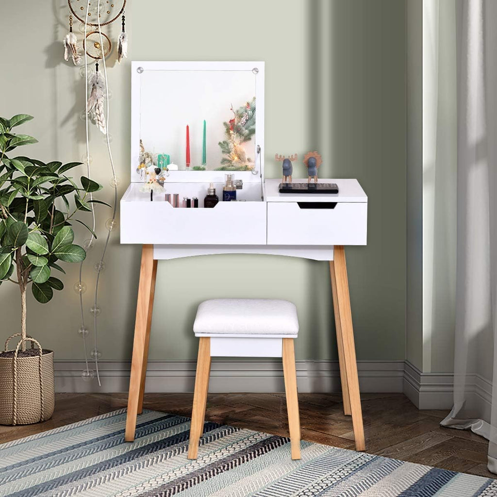 Vanity Table with Flip Top Mirror and Stool, Wooden Makeup Table Writing Desk with Drawer, Storage Compartment
