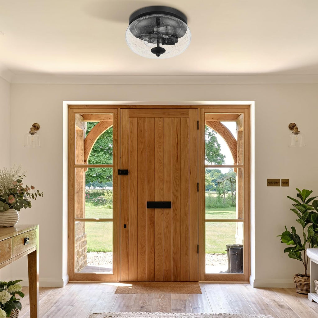 Black Ceiling Light Fixtures, Indoor Outdoor Flush Mount Ceiling Light with Seeded Glass Shade for Farmhouse Hallway