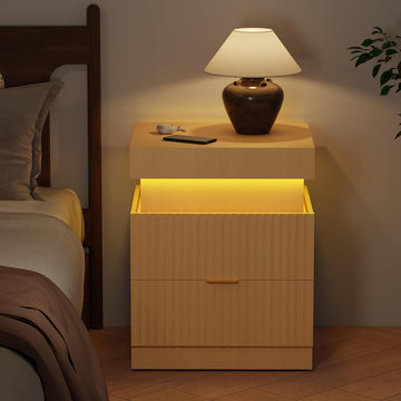 Wooden Nightstand with Charging Station & LED Lights, Modern Fluted Bedside Table with Sliding Top & Drawers