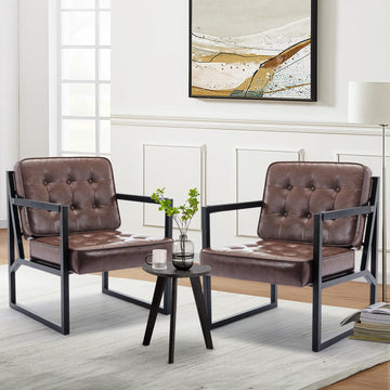 Mid Century Modern Accent Chair Set of 2, Leather Armchair, Brown