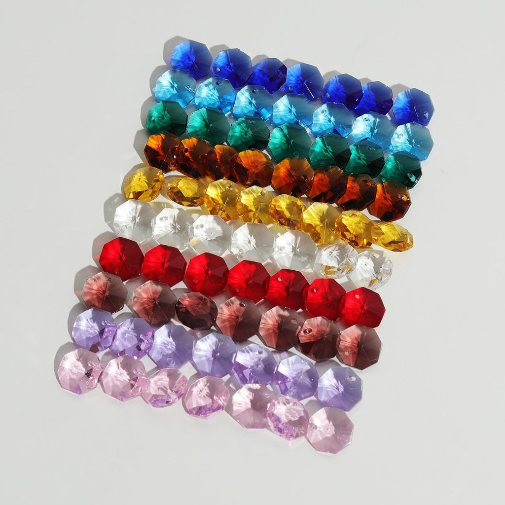 Lot 100pcs 1 Hole Glass Octagon Beads, Crystal Prism Suncatcher Chandelier Replacement Parts DIY Lamp Hanging Pendant