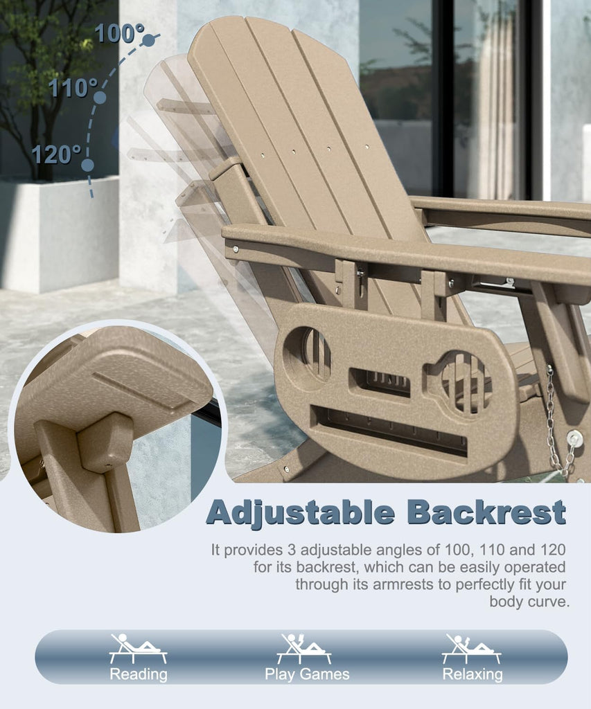 Adjustable Adirondack Chair Set of 2 with Retractable Ottoman, Brown | Folding HDPE Chair with Multifunctional Cup