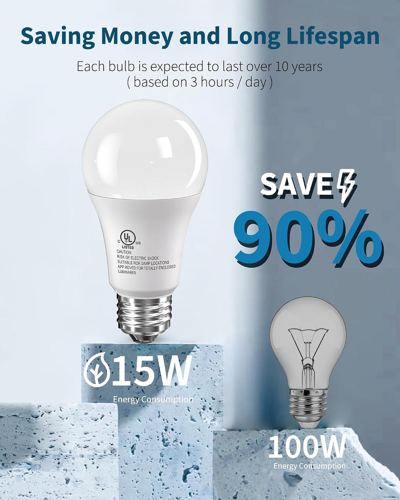 6 Pack LED Light Bulbs, 100 Watt Equivalent A19 Lightbulbs, 15W 5000K Daylight White, Bright Energy Efficient LED