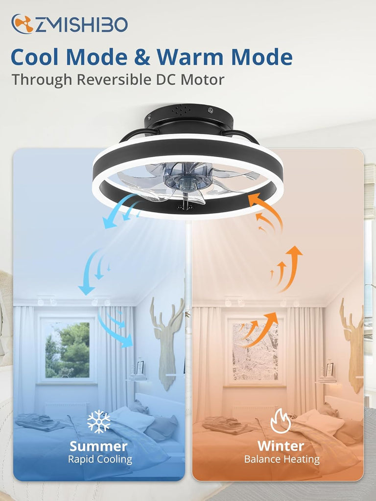 Low Profile Ceiling Fans with Lights and Remote, 13 Inch Fandelier Ceiling Fan with Light, Black Modern Flush Mount Ceiling Fan, Small Dimmable LED Fan Lights for Bedroom