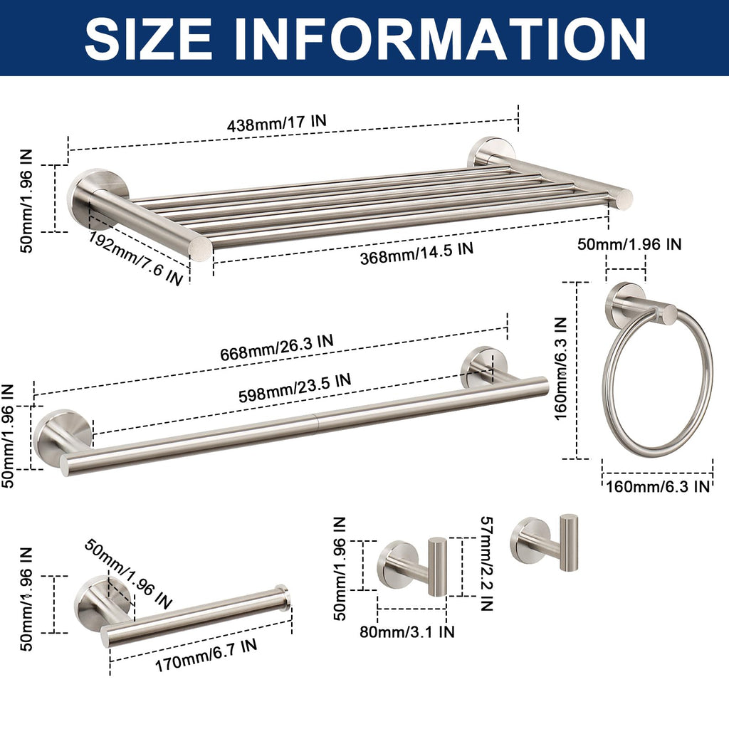 Bathroom Accessories Set 6 Pieces, Stainless Steel Bathroom Hardware Set, Shower Towel Rack, Towel Holder