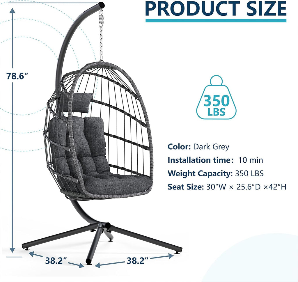 Hanging Egg Chair with Stand, Outdoor Indoor with Cushion, Wicker Hammock 350 LBS Capacity-Dark Grey