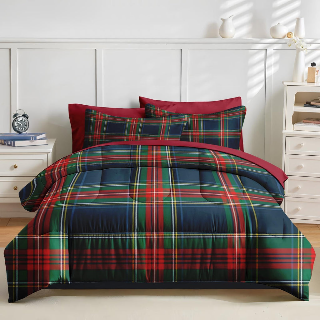 Comforter Set with Sheets, 7 Pieces Tartan Plaid Bedding
