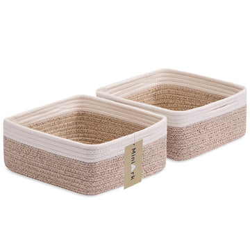 Small Square Shallow Baskets for Organizing, 9.7x9.7x4.3 Inch Rope Woven Storage Bins for Cubes Closet, Shelves
