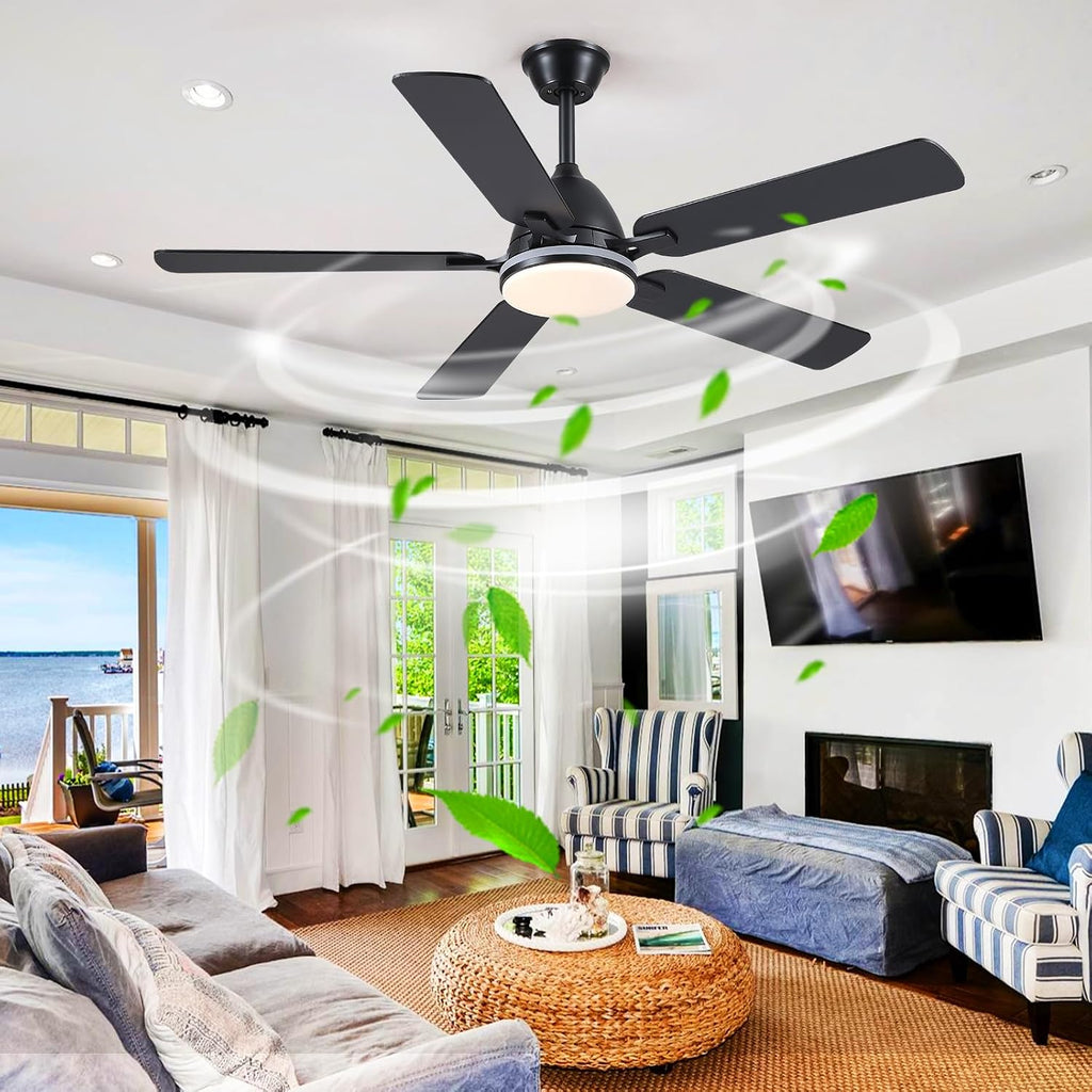 Ceiling Fans with Lights, 52 Inch Low Profile Ceiling Fan with Light and Remote Control,Reversible, RGB_3CCT, Dimmable, Quiet, Black Ceiling Fan for Bedroom Indoor/Outdoor Use