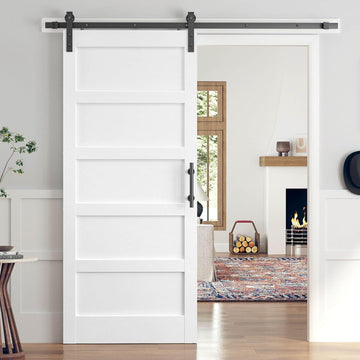 36x84 Inch White Sliding Barn Door Slab with 6.6ft Hardware Kit Included, 5-Panel, MDF Wood Panel Co
