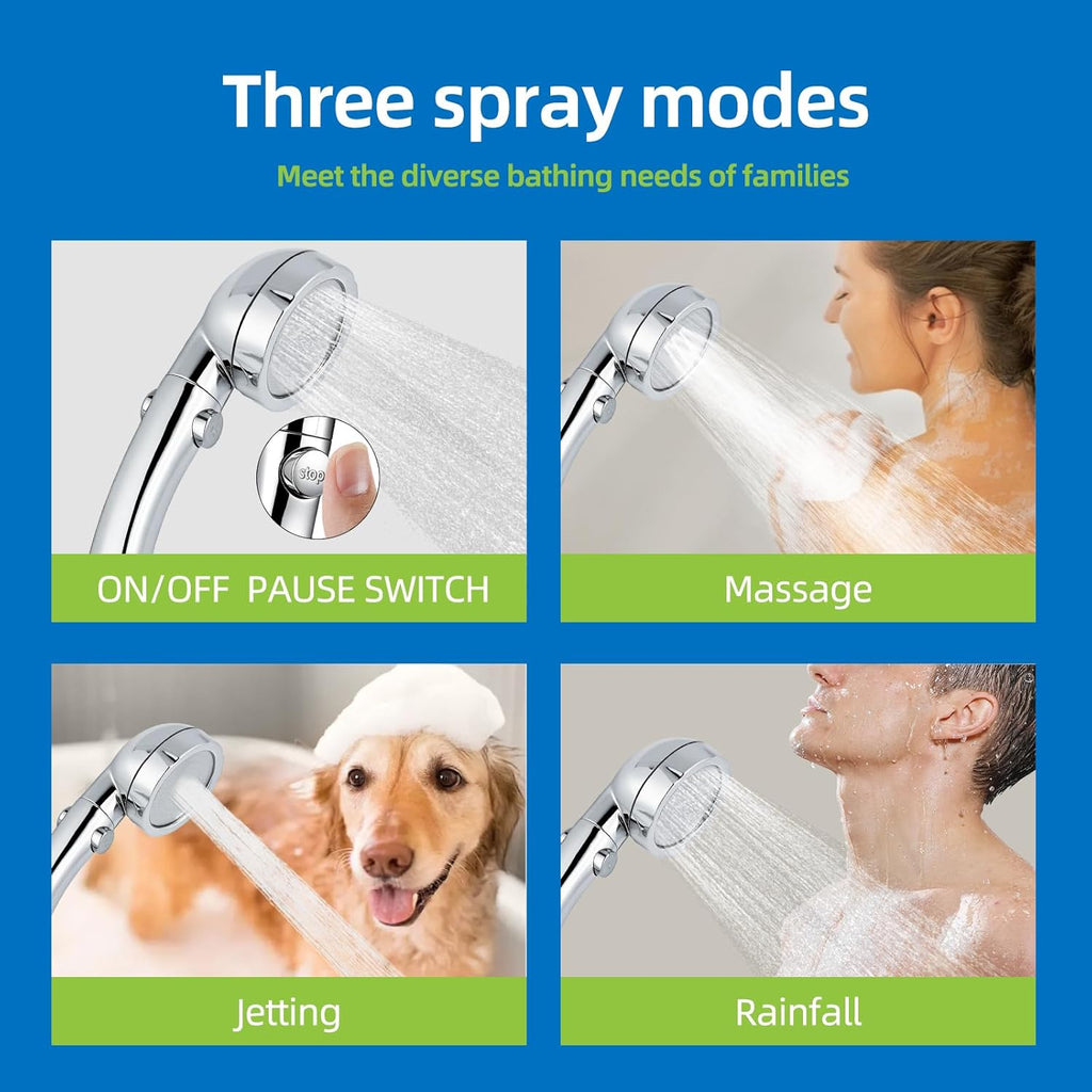 High Pressure Handheld Shower Head with ON/OFF Pause Switch 3 Spray Modes Water Saving High Pressure Shower