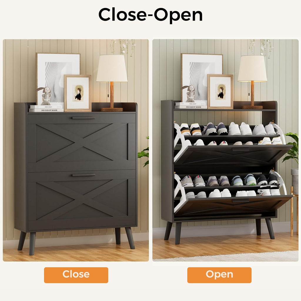 Farmhouse Shoe Storage Cabinet with Flip Drawers & Barn Door Design | Slim Narrow Shoe Rack Cabinet with Adjustable