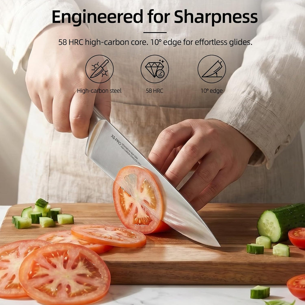 Kitchen Knife Set with Block and Detachable Sharpener | 8-Piece High Carbon Stainless Steel Knife Block Set, Fully