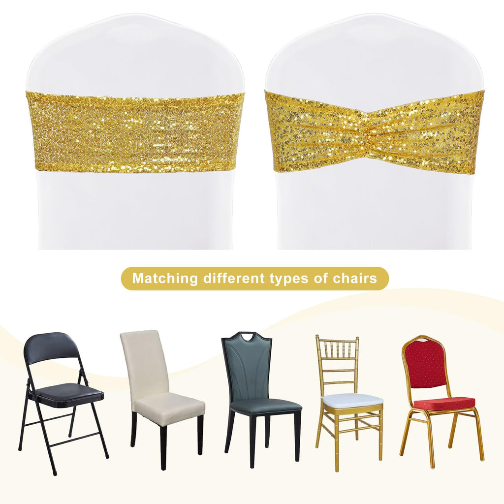 Gold Sequin Chair Sashes Bows 120 Pcs Glitter Chair Back Cover Ties Bands for Wedding Banquet Party Decor