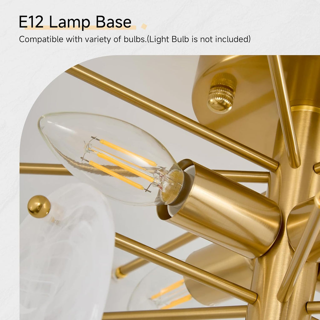 Gold Semi Flush Mount Chandelier, Round Cloud Glass Bedroom Light Fixtures | Modern Mid Century Small Bathroom