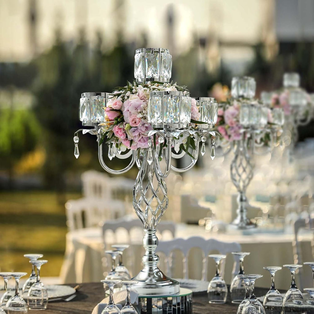 23.2 inch Tall Elegant and Chic 5 Arm Pendant Crystal Candlestick Holder Table Decoration tealight Candle Holder