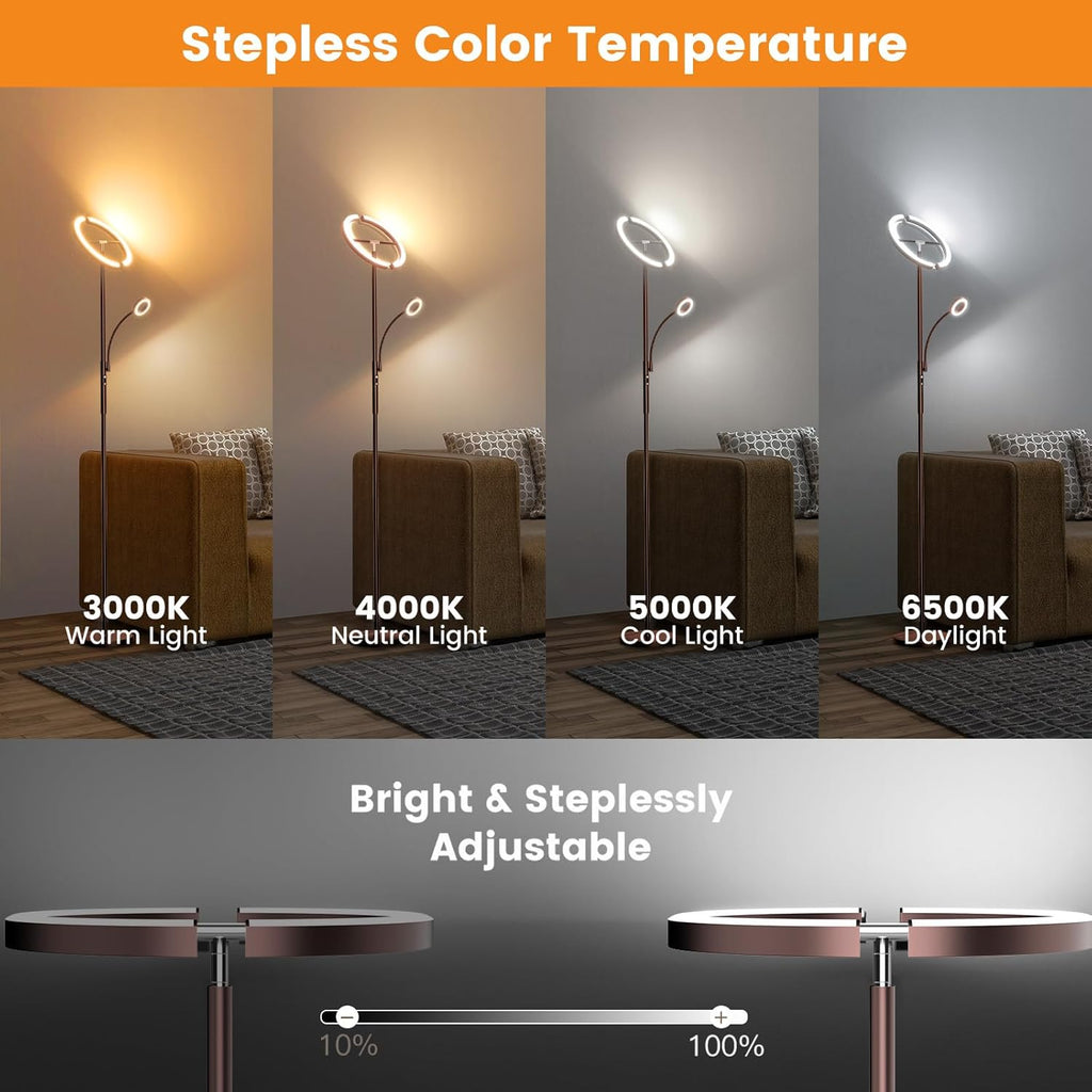 2-in-1 Brown LED Floor Lamp - 69" Dimmable Torchiere Standing Lamp with Remote Touch Control