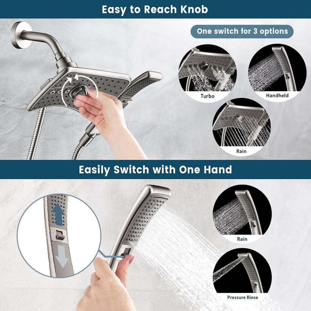 High Pressure Shower Head Combo with Two Spray Setting Fixed Shower Head and Two Spray Settings Handheld Shower Head