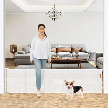 24 Inch Tall x 110 Inch Extra Wide Retractable Dog Gate for The House, Short Baby Gate to Step Over, Reinforced Mesh