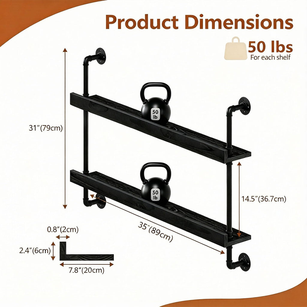 Wall Mounted Wine Rack with LED Light - 2-Tier Solid Wood Industrial Rustic Floating Shelves, Bottle Storage
