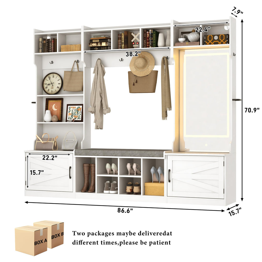 86.6''W Extra Large Farmhouse Hall Tree with Mirror Bench and Shoe Storage, Entryway Bench with Coat Rack, 6 Shoe