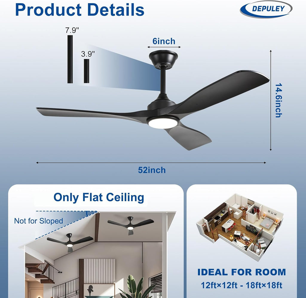 52-Inch Ceiling Fan with Light: Black 3 Blade Outdoor Fans for Patios - Dimmable Indoor Fan with Remote APP Control Ultra Quiet DC Motor Reversible 6 Speed Timer