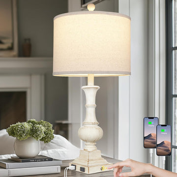 26" Farmhouse Table Lamp, Vintage Rustic Touch Control Bedside Lamp with 2 USB Ports & AC Outlet