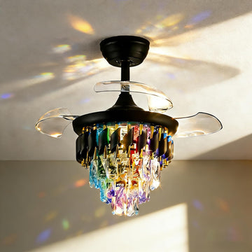 30" Retractable Crystal Ceiling Fan with Light, RGB Modern Chandelier Fan 6 Speeds Reversible Blades Black
