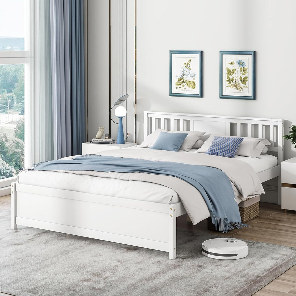 Queen Solid Wood Platform Bed Frame, Mid Century Queen Bed Frame with Headboard, Wooden Slat Support, Queen Panel